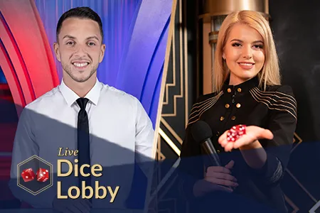 Test your luck in the Live Dice Lobby, where a professional duo manages the dice on a sleek blue stage.