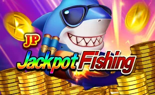 Go for the big one in Jackpot Fishing, featuring a shark in cool shades swimming through a sea of gold.