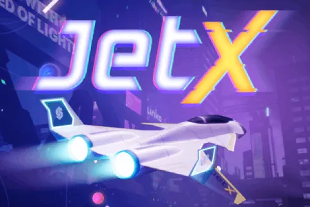 JetX takes you to a neon-lit future, with a sleek white jet speeding through a purple cyberpunk city.