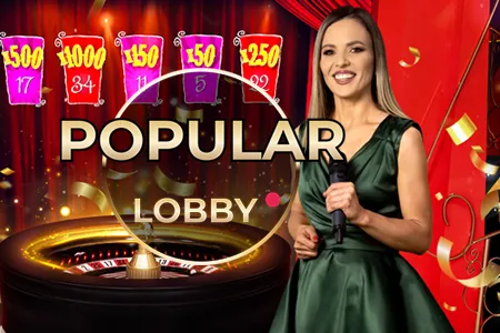 Explore the Popular Lobby, where a host in a stylish green dress welcomes you against a backdrop of a roulette wheel.