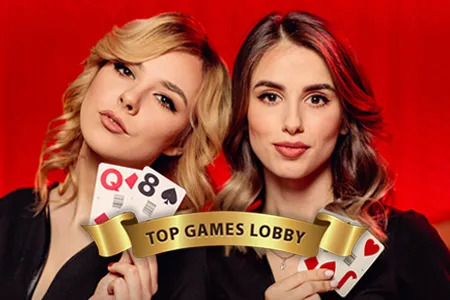 Visit the Top Games Lobby, a premier live casino area with dealers holding cards against a bold red background.