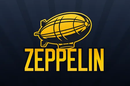 Rise above in Zeppelin, featuring a majestic golden airship gliding through a deep black void.
