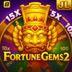 Unlock ancient secrets in Fortune Gems 2, a slot game centered around a golden mask and a multiplier wheel.